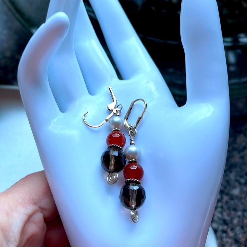 Smokey Quartz, Carnelian & pearl earrings